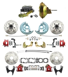 1964 - 1972 Chevelle 4 Wheel Power Disc Brake Conversion Kit, Red Calipers with Drilled and Slotted Rotors