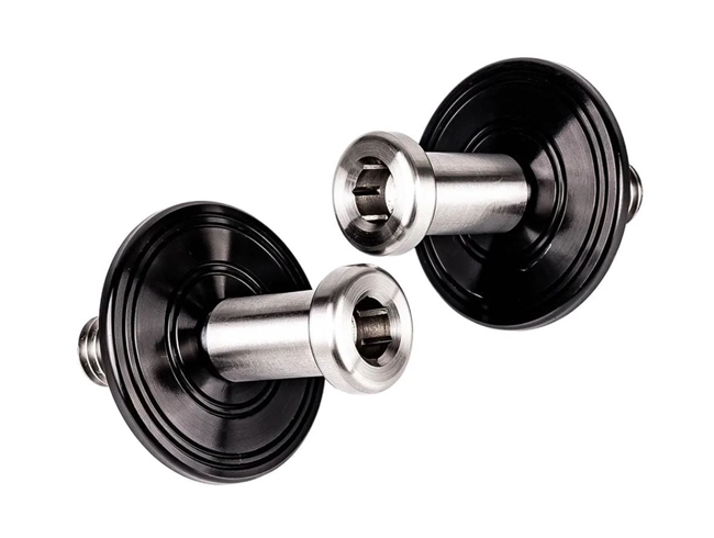 Image of the New 1967 - 1972 Custom Chevelle or Nova Stainless Steel Door Jamb Striker Bolts with Black Anodized Double Ring Billet Washer Plates, Pair