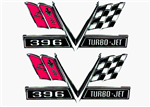 1965 - 1967 Chevelle Fender Emblems, V-Flag with "396 TURBO-JET", Imported, Pair