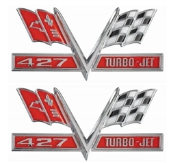 427 V-Flag Chevelle Fender Emblem, Vee Cross Flags with 427 TURBO-JET, PAIR