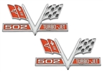 502 V-Flag Chevelle and Nova Fender Emblem, Vee Cross Flags with 502 TURBO-JET, PAIR