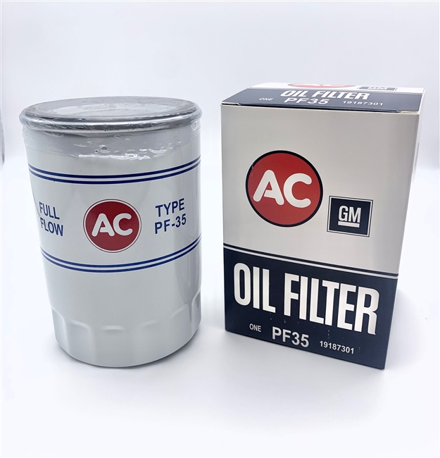 Image of a 1968 - 1972 Chevelle or Nova AC PF-35 Red White and Blue Oil Filter, 19187301 Tall OE Style