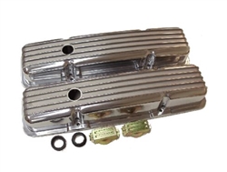 Small Block Chevy Valve Covers, POLISHED ALUMINIUM Finned Classic Ribbed Design, Stock Height