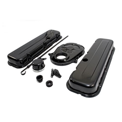 1965 - 1995 CHEVY BIG BLOCK 396, 427, 454, & 502 BLACK STEEL VALVE COVER, TIMING COVER, BREATHER, DIPSTICK ENGINE DRESS UP KIT - SHORT