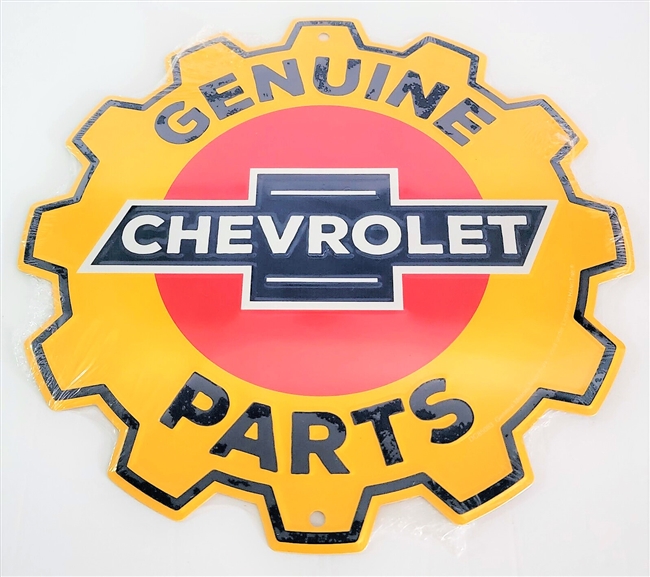 Image of a Genuine Chevrolet Parts Large 24" ROUND Metal Tin Chevy Gear Shape Sign