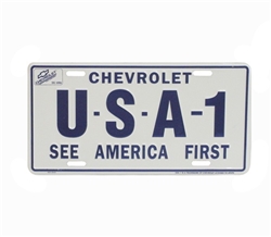 License Plate, USA-1 See America First Chevrolet, Blue and White