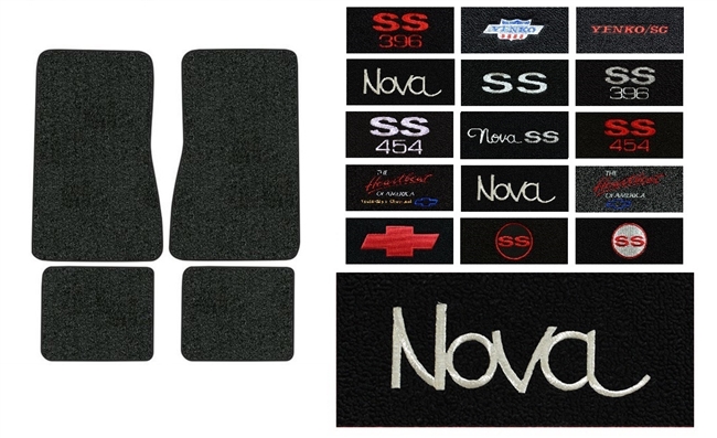 Image of a 1968 - 1972 Chevy Nova Custom Embroidered Carpeted Floor Mats Set with Choice of Logos and Colors, 4 Piece