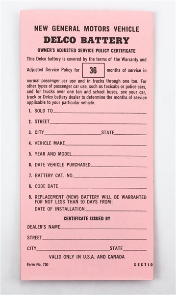 GM Delco Battery Warranty Certificate Card Pamphlet