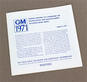 1971 Specifications and Manufacturer Suggested Retail Prices Book