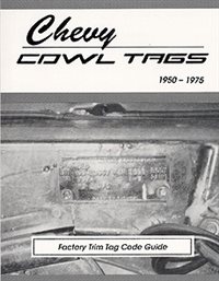 1962 - 1975 Nova Cowl Tags, Trim Tag Codes, Over 25 years of trim tags, covers each car model, gives the build date, model, year, plant, colors in and out and options, Also VIN tags and protect O plates. 222 Pages, Each