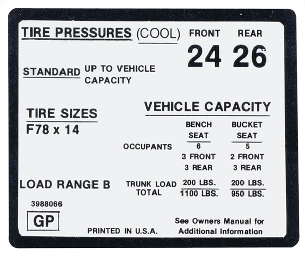 1971 Chevelle Tire Pressure Decal, 3988066 With GP Code