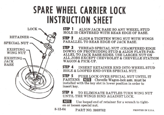 Image of a 1964 - 1967 Chevelle Spare Wheel Carrier Lock Instruction Information Decal, 3869762