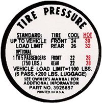 1967 Chevelle Glove Box Tire Pressure Decal, Super Sport SS Models, 3910996