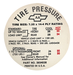 1968 Chevelle Glove Box Tire Pressure Decal, 3934038 AA