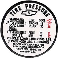 1972 Chevelle Tire Pressure Decal, ZR, 6271197