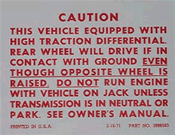 1972 - 1978 Trunk Jack Caution Decal, Positraction with Limited Slip Differential