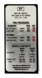 1969 Nova SS Super Sport Tire Pressure Decal, 3961714 with DT Code