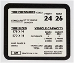 1971 - 1972 Nova Tire Pressure Decal, GM, 3990523