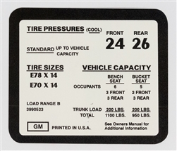 1971 - 1972 Nova Tire Pressure Decal, GM, 3990523