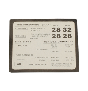1972 Nova Tire Pressure Decal, AB, 6271200
