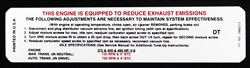 1970 Emission Decal, Big Block 3980213 with DT Code