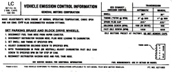 1972 Radiator Support Emissions Decal, 307 Engine with 2 Barrel Carb, LC Code 6271003