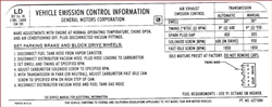 1972 Radiator Support Emissions Decal, 307 Engine with 2 Barrel Carb, LD Code 6271004