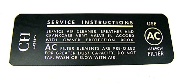 1968 Chevelle or Nova Air Cleaner Service Instructions Decal, 307 CH Code 6424425