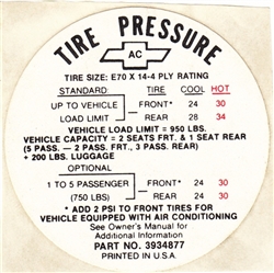 1968 Nova Tire Pressure Decal, E70 x 14, With Air, AC, 3934877