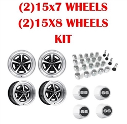 LEGENDARY MAGNUM 500 ALLOY SS WHEEL KIT, (2) 15X8 and (2) 15X7 SUPER SPORT WHEELS, SS CENTER CAPS, LUG NUTS, AND VALVE STEM KIT, GM BOLT PATTERN