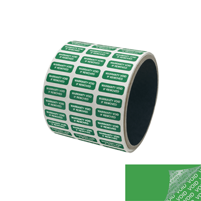 250 Green TamperColorÂ® Tamper Evident Security Label Seal Sticker, Rectangle 0.75" x 0.25" (19mm x 6mm). Printed: Warranty Void if Removed + Serial Number.