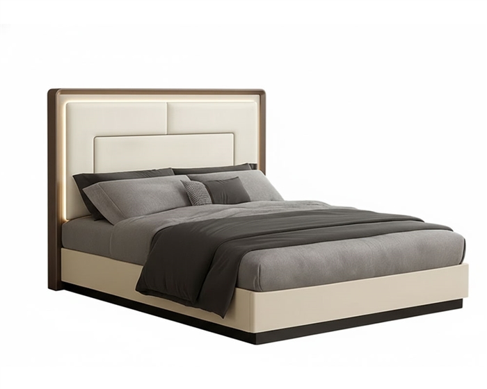 Anjoli modern bedroom collection with beige lacquer finish, brown metal accents, and black matte details