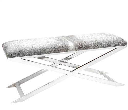 Rimini Modern Grey Cowhide Bench with Stainless Steel Legs