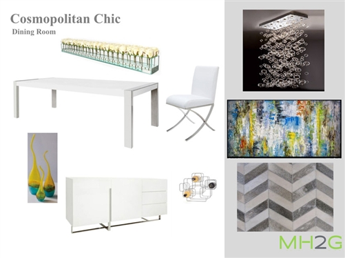 Cosomopolitan Chic Dining Package features the white lacquered Turin table with contrasting black glass top