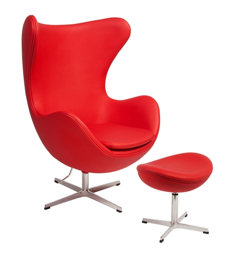 The iconic Egg Chair is available at Modern Home 2 Go in stylish white leatherette or red fabric. Egg Ottoman also available in these same colors.
