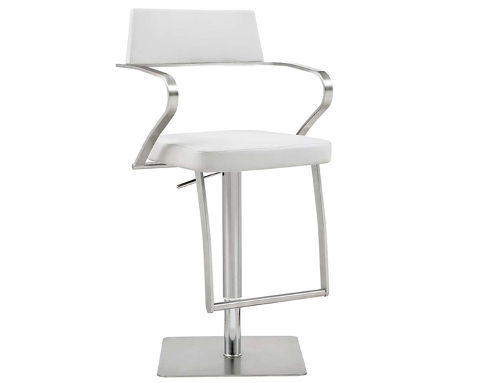 Zuri Barstool White Eco-Leather with adjustable height and square stainless steel base.
