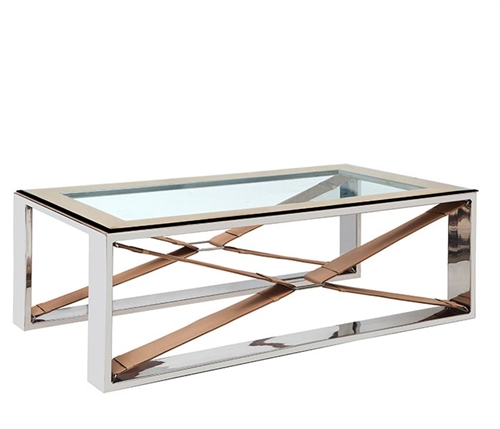 Rider's Cross Modern Coffee Table with Stainless Steel and leather accents.