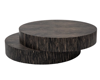 Image of Mileo modern round coffee table with black and brown veneer finish and two round pieces stacked on top of each other.