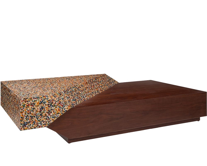 Lido abstract rectangular modern coffee table with a unique design featuring walnut veneer and multi-color fabric wrap.