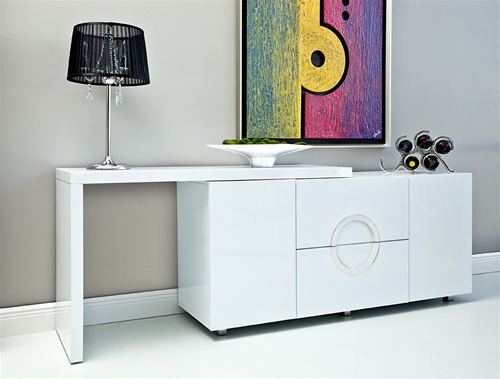 The designer Carmona Buffet is in white lacquer with chrome handles to complete the ultra modern look.