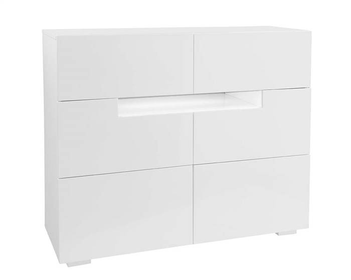 This ultra-modern Cabinet features an open space illuminated with LED lights to make moving around in the middle of the night easier. Available in high gloss White Lacquer. The citra Cabinet is the perfect combination for our Citra Side Tables.