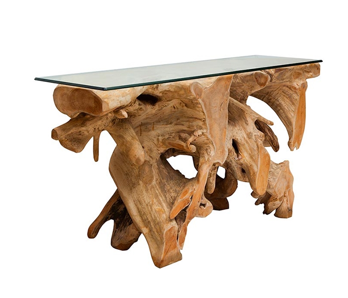 Teak Root Modern Console with tempered glass Top