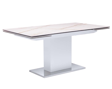 Modern expandable Dining table with white ceramic top, white matte frame and pedestal and stainless steel base.