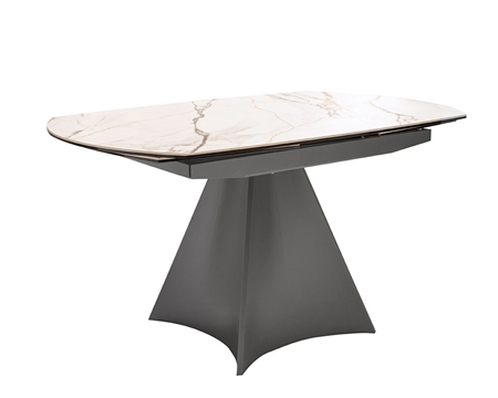 Anjoli Expandable Modern Dining Table.White Ceramic top, dark grey powder coating frame and Pedestal.