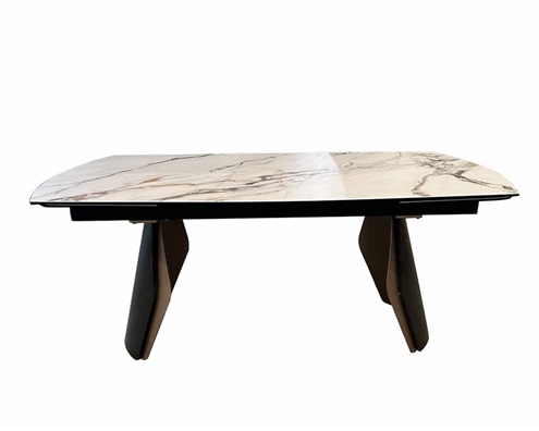 Matesse dining table with tempered glass top and gold frame on dark oak base