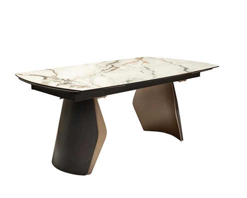 Matesse dining table with tempered glass top and gold frame on dark oak base