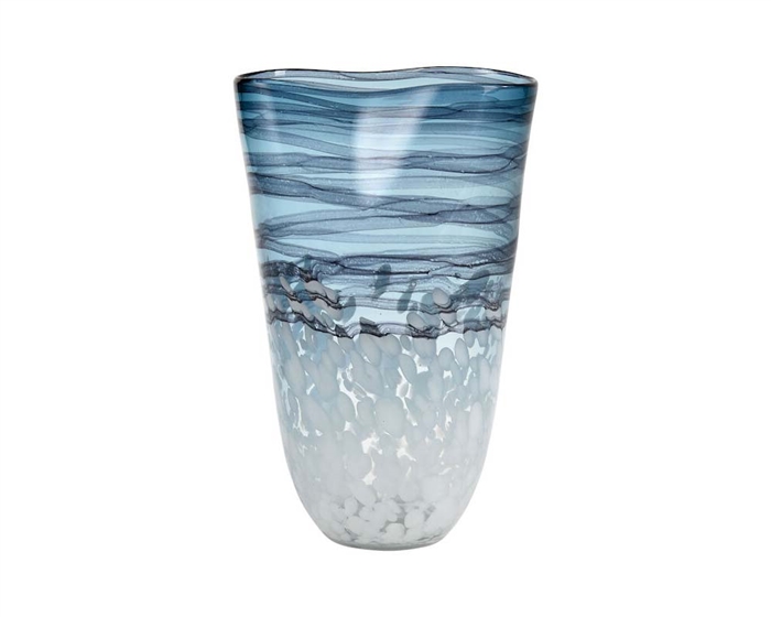 Loch Seaforth Vase Large is made from glass and features a translucent blue and white finish. Ideal for coastal or natural inspired arrangements, its watery, swirling design is furthered by its gently curving rim.