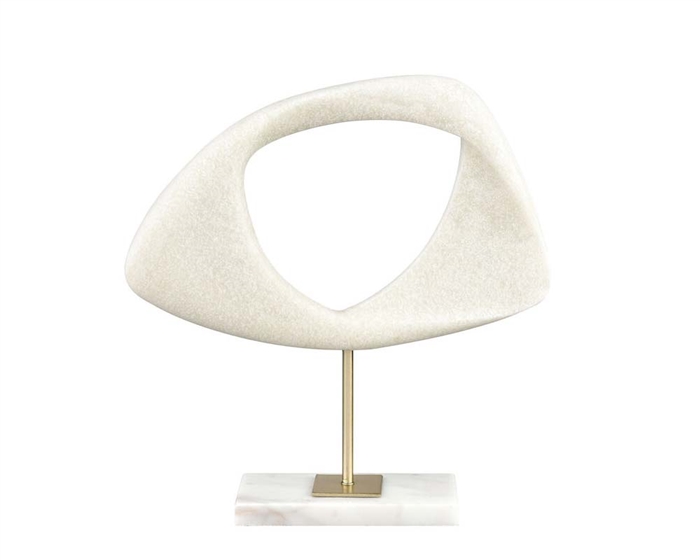 The Hodge Sculpture is a decorative amorphous, circular sculpture in white resin, mounted on a brass rod which is affixed to a marble base. This sculpture has a midcentury modern look and feel.