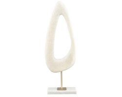 The Hodge Sculpture is a decorative amorphous, tear-drop shaped sculpture in white resin, mounted on a brass rod which is affixed to a marble base. This sculpture has a midcentury modern look and feel.
