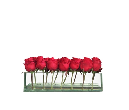Red Roses Clear Glass 12" Modern Floral Arrangement